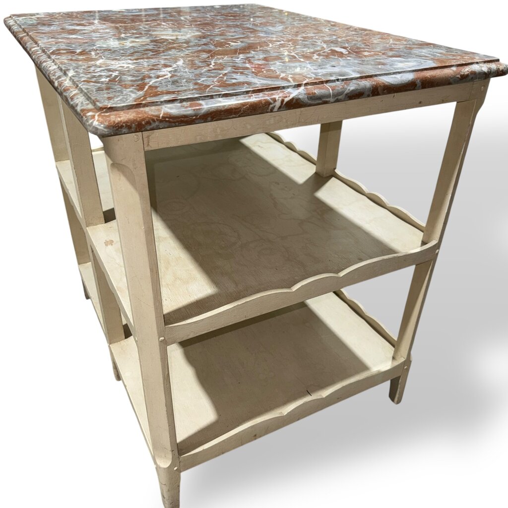 Pair of Louis XV Style Antique Marble Top Side Tables w/ Red & Gray Veined Stone Tops Over Original Hand Painted Cream Bases. Carved Scalloped Aprons & Triple Tier Open Shelving Reflect Classic French Provincial Design 30Lx24Wx29H