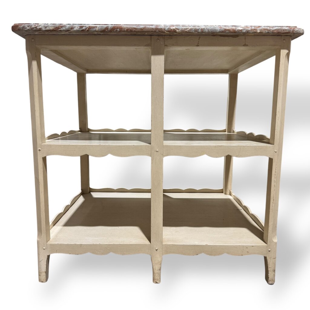 Pair of Louis XV Style Antique Marble Top Side Tables w/ Red & Gray Veined Stone Tops Over Original Hand Painted Cream Bases. Carved Scalloped Aprons & Triple Tier Open Shelving Reflect Classic French Provincial Design 30Lx24Wx29H