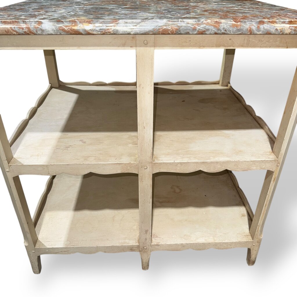 Pair of Louis XV Style Antique Marble Top Side Tables w/ Red & Gray Veined Stone Tops Over Original Hand Painted Cream Bases. Carved Scalloped Aprons & Triple Tier Open Shelving Reflect Classic French Provincial Design 30Lx24Wx29H