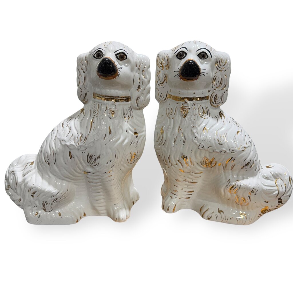 Pair of Ceramic White & Gold Staffordshire Spaniel Dog Figurines 11Lx4Wx13.5H