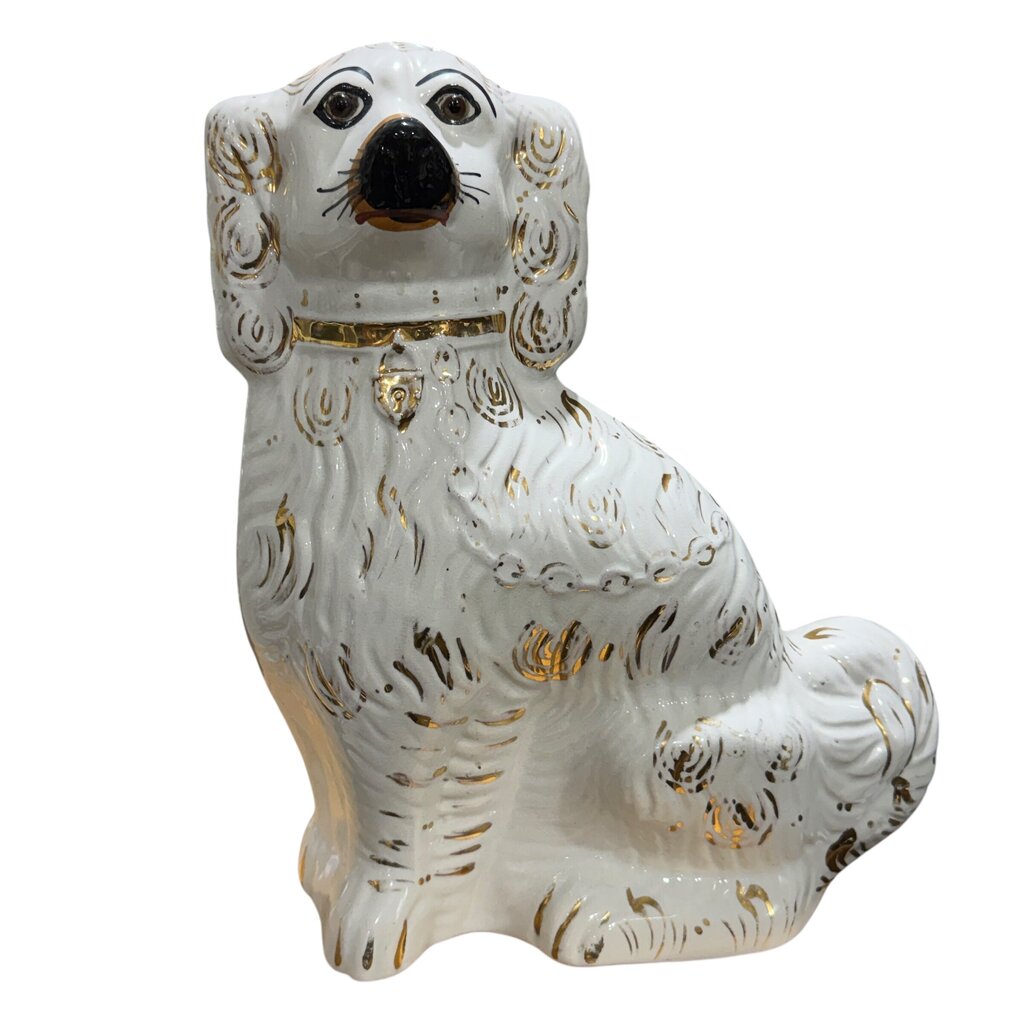 Pair of Ceramic White & Gold Staffordshire Spaniel Dog Figurines 11Lx4Wx13.5H