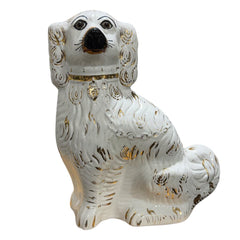 Pair of Ceramic White & Gold Staffordshire Spaniel Dog Figurines 11Lx4Wx13.5H