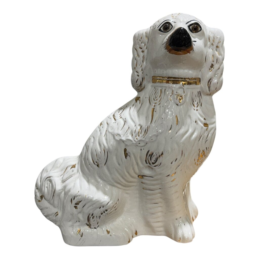 Pair of Ceramic White & Gold Staffordshire Spaniel Dog Figurines 11Lx4Wx13.5H