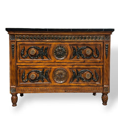 Carved Wood Two-Drawer Chest / Console / Nightstand w/ Black Marble Top 48Lx20Wx35H