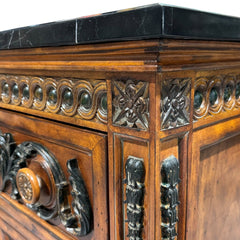Carved Wood Two-Drawer Chest / Console / Nightstand w/ Black Marble Top 48Lx20Wx35H