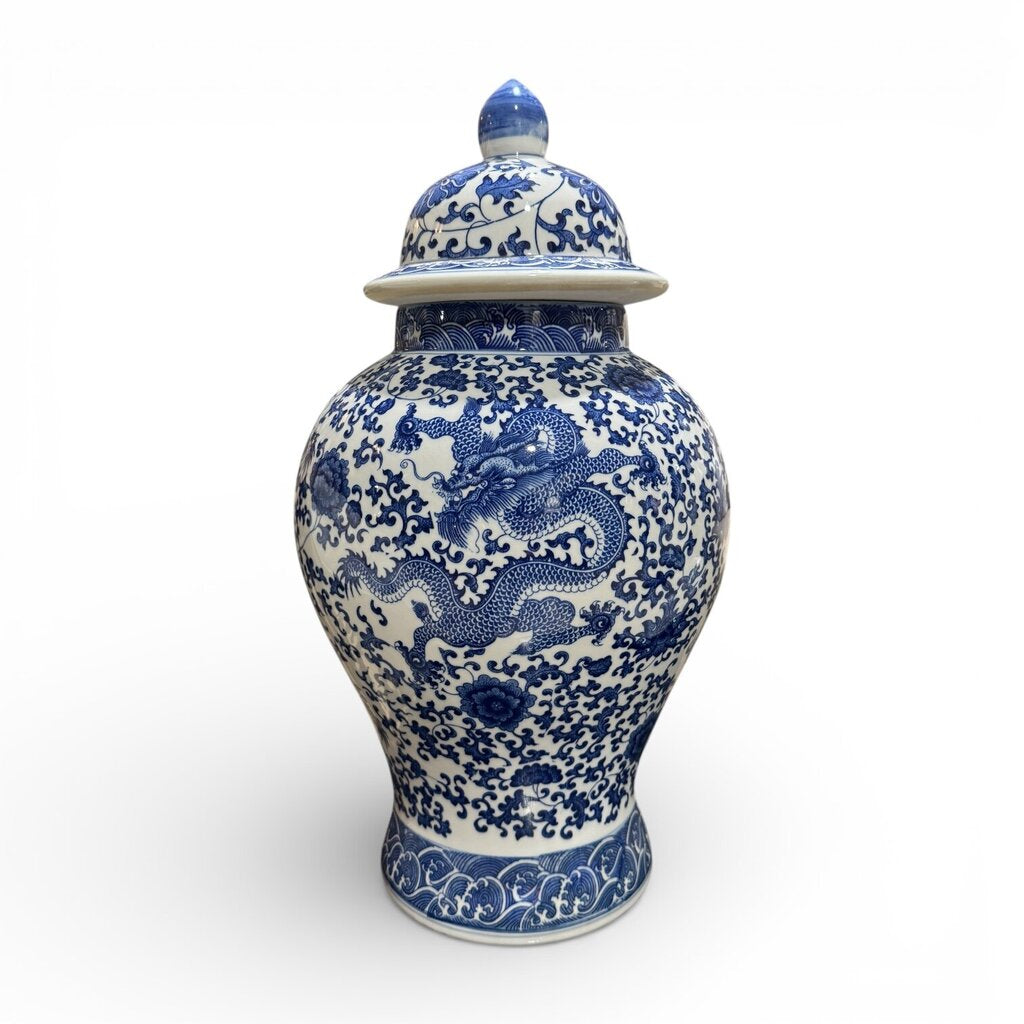 Blue & White Porcelain Dragon & Floral Design Temple / Ginger Jar 11Lx11Wx20H