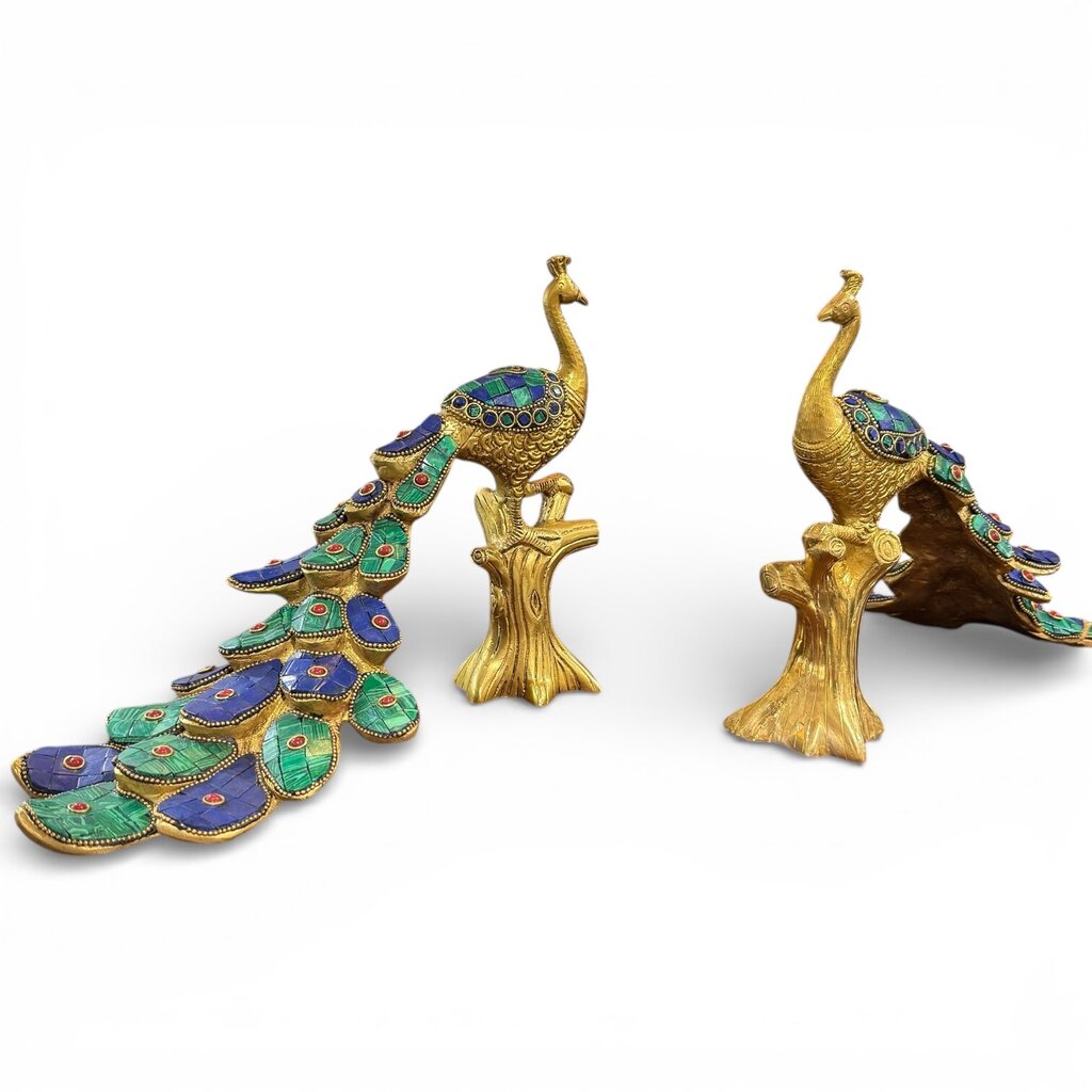 Pair of Solid Brass Peacocks w/ Intricate MultiColored Stonework 12Lx5Wx8H