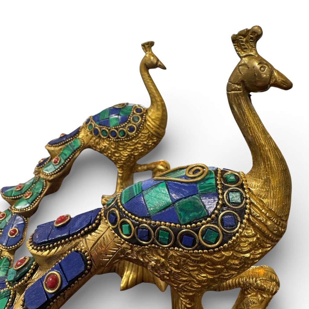 Pair of Solid Brass Peacocks w/ Intricate MultiColored Stonework 12Lx5Wx8H