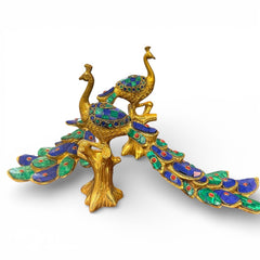 Pair of Solid Brass Peacocks w/ Intricate MultiColored Stonework 12Lx5Wx8H