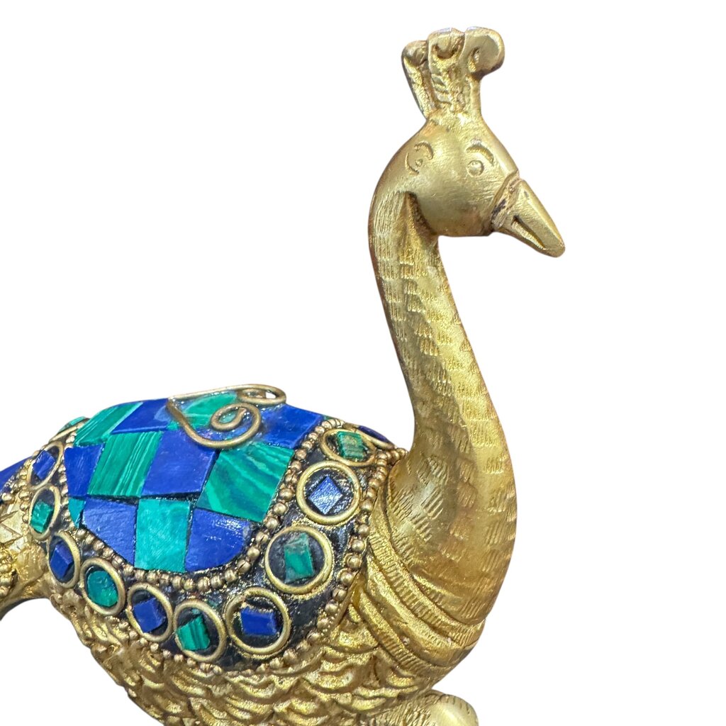 Pair of Solid Brass Peacocks w/ Intricate MultiColored Stonework 12Lx5Wx8H