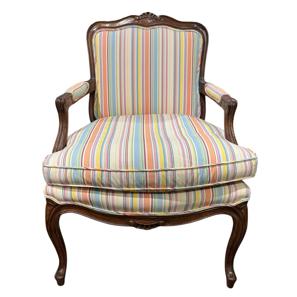 Pair of French Louis XV Style Carved Walnut Fauteuil Armchairs w/ Coastal Striped Upholstery