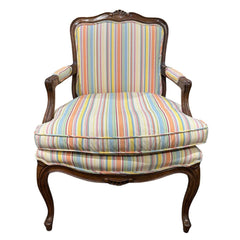 Pair of French Louis XV Style Carved Walnut Fauteuil Armchairs w/ Coastal Striped Upholstery