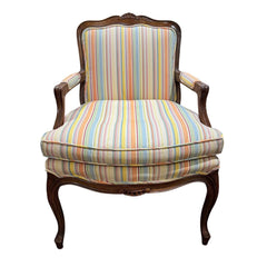 Pair of French Louis XV Style Carved Walnut Fauteuil Armchairs w/ Coastal Striped Upholstery