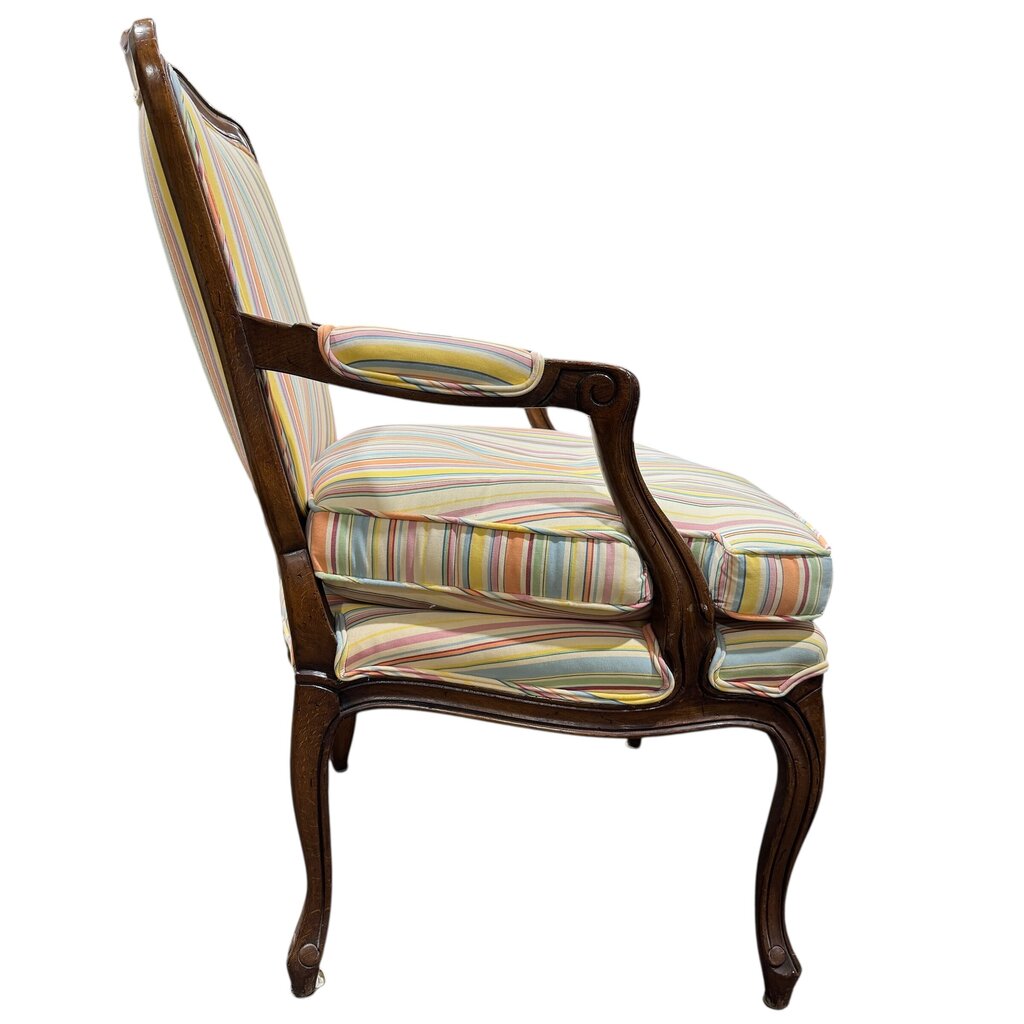 Pair of French Louis XV Style Carved Walnut Fauteuil Armchairs w/ Coastal Striped Upholstery