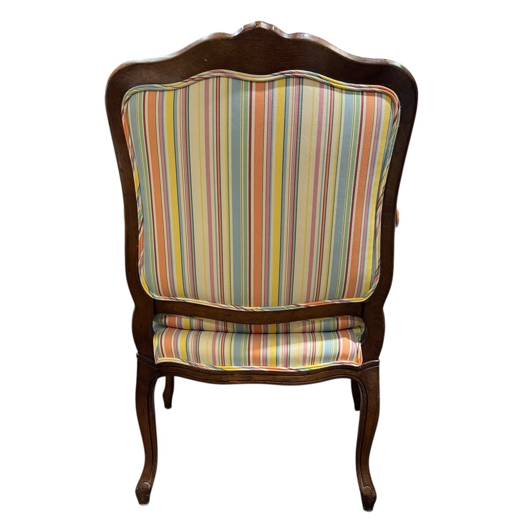 Pair of French Louis XV Style Carved Walnut Fauteuil Armchairs w/ Coastal Striped Upholstery
