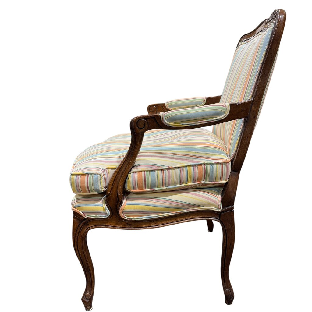 Pair of French Louis XV Style Carved Walnut Fauteuil Armchairs w/ Coastal Striped Upholstery