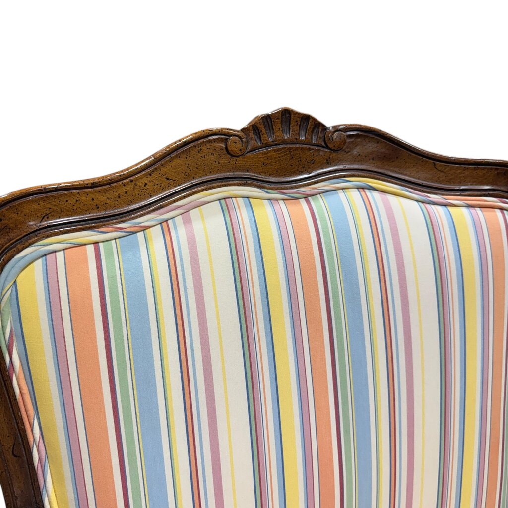 Pair of French Louis XV Style Carved Walnut Fauteuil Armchairs w/ Coastal Striped Upholstery