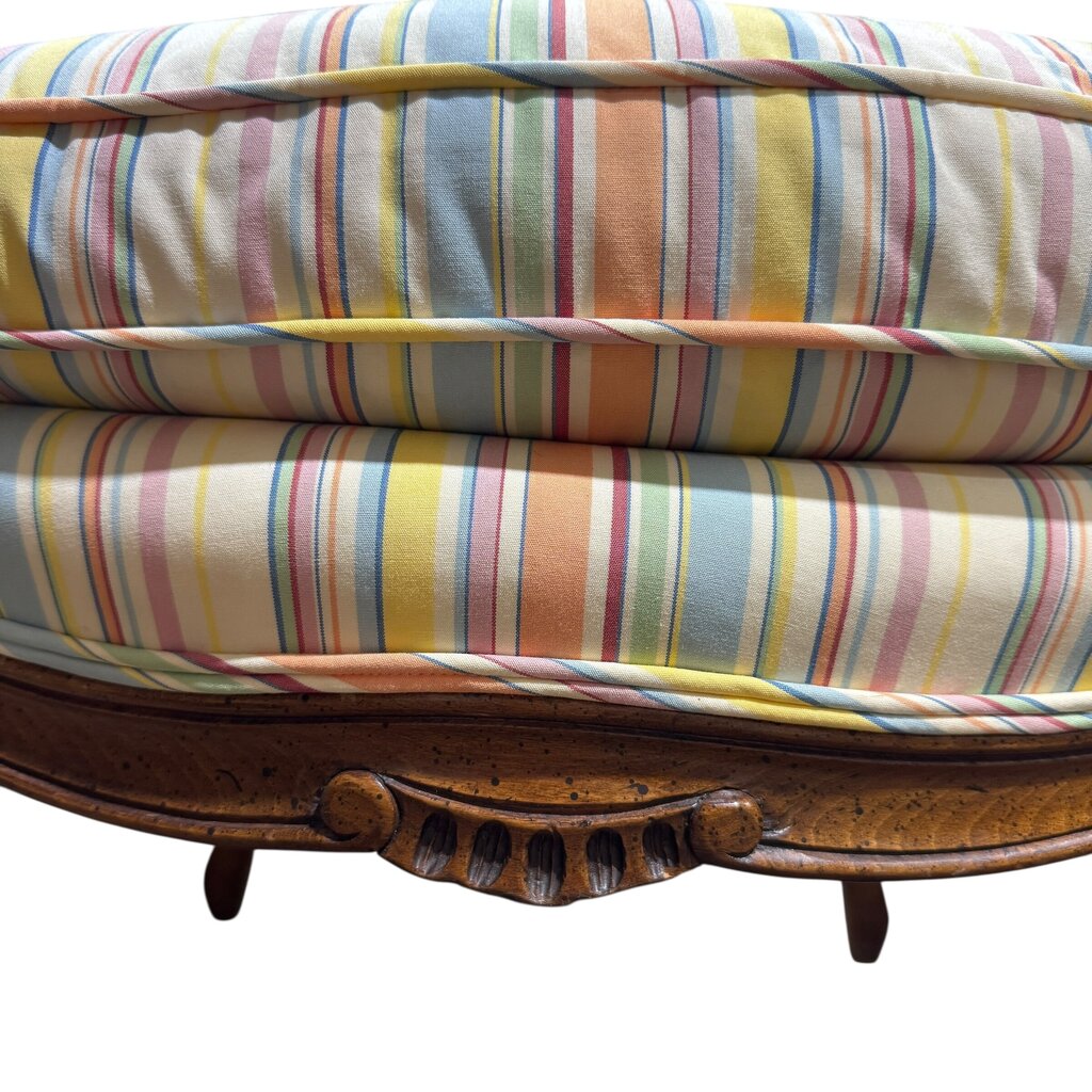 Pair of French Louis XV Style Carved Walnut Fauteuil Armchairs w/ Coastal Striped Upholstery