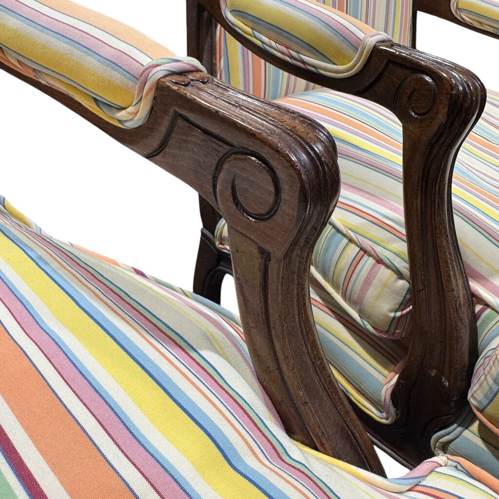 Pair of French Louis XV Style Carved Walnut Fauteuil Armchairs w/ Coastal Striped Upholstery