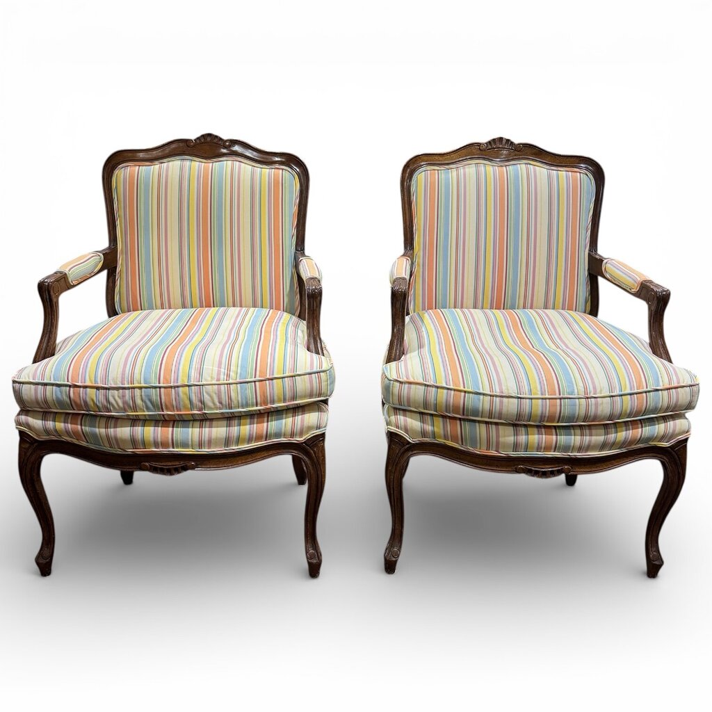 Pair of French Louis XV Style Carved Walnut Fauteuil Armchairs w/ Coastal Striped Upholstery