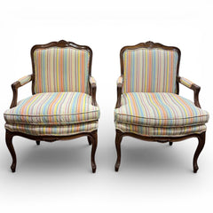 Pair of French Louis XV Style Carved Walnut Fauteuil Armchairs w/ Coastal Striped Upholstery