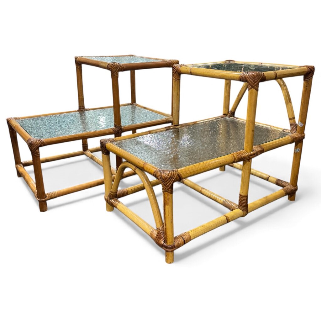 Pair of MCM Natural Rattan Two-Tier Side Tables w/ Textured Glass Tops 17Lx27Wx22H