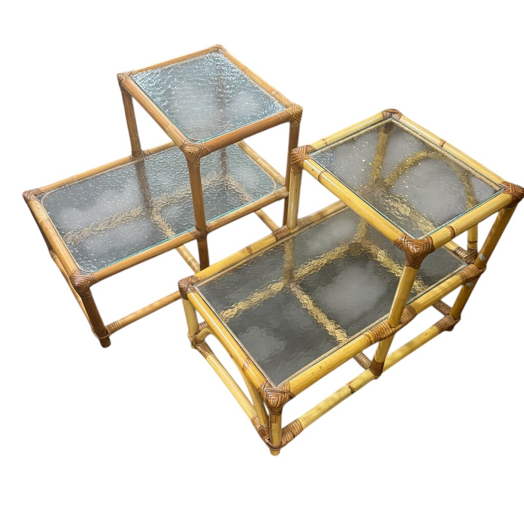 Pair of MCM Natural Rattan Two-Tier Side Tables w/ Textured Glass Tops 17Lx27Wx22H