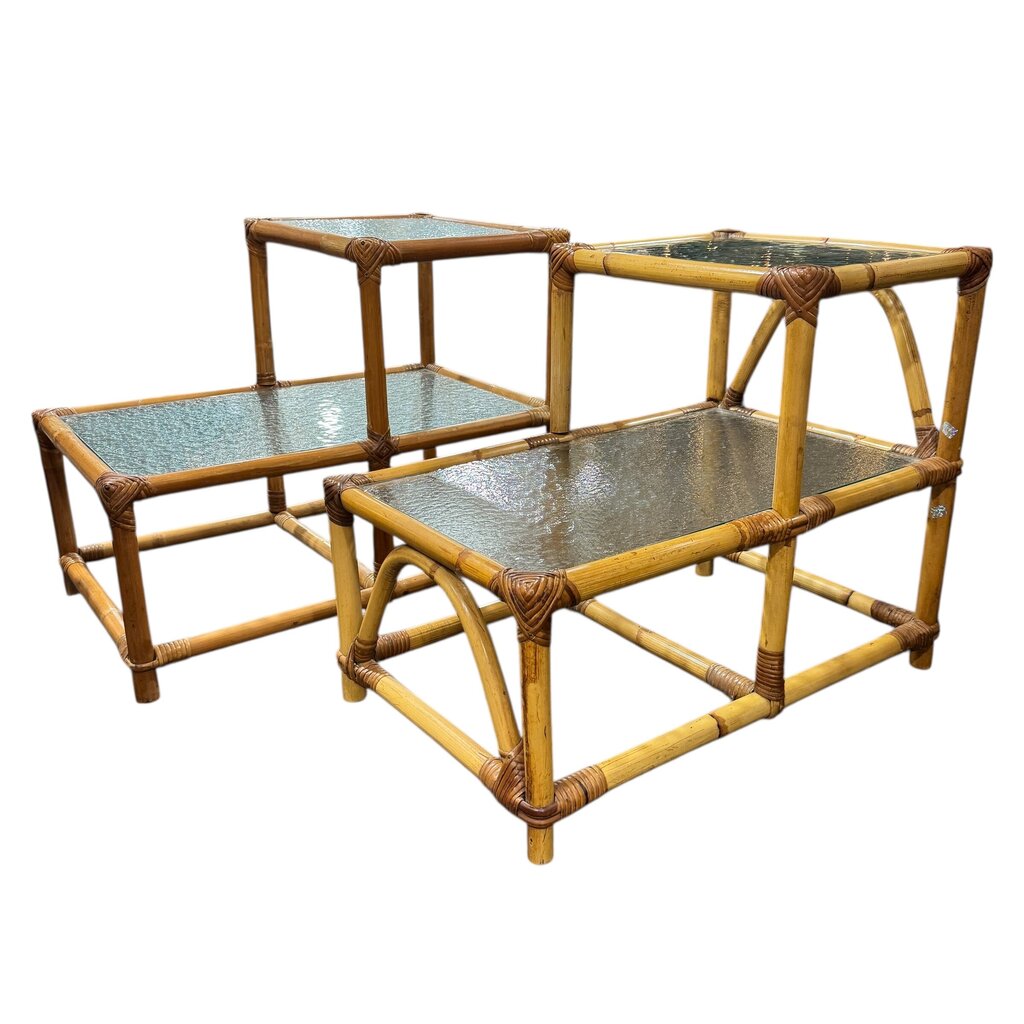 Pair of MCM Natural Rattan Two-Tier Side Tables w/ Textured Glass Tops 17Lx27Wx22H