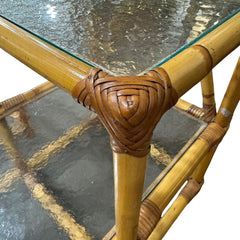 Pair of MCM Natural Rattan Two-Tier Side Tables w/ Textured Glass Tops 17Lx27Wx22H