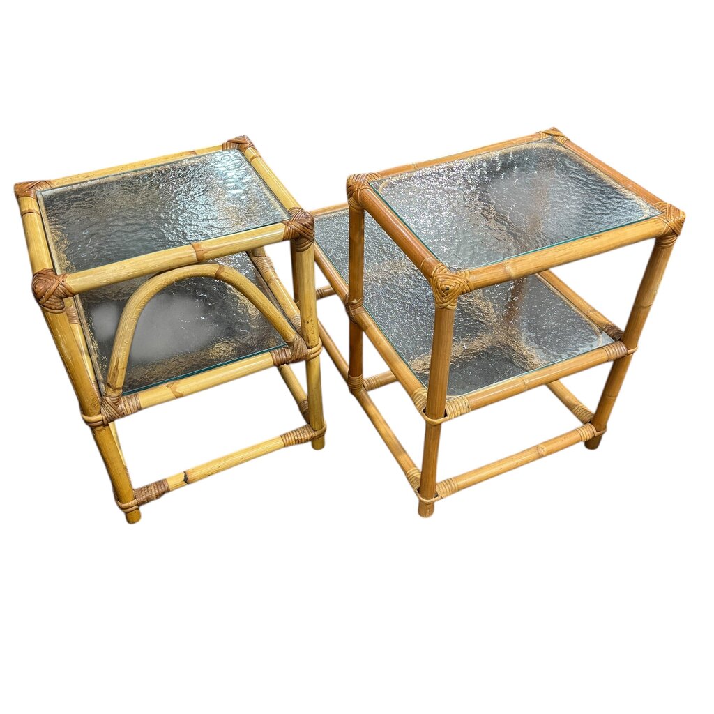Pair of MCM Natural Rattan Two-Tier Side Tables w/ Textured Glass Tops 17Lx27Wx22H