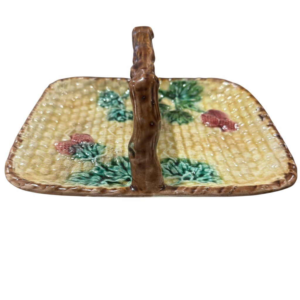 Antique Majolica Basketweave Handled Dish