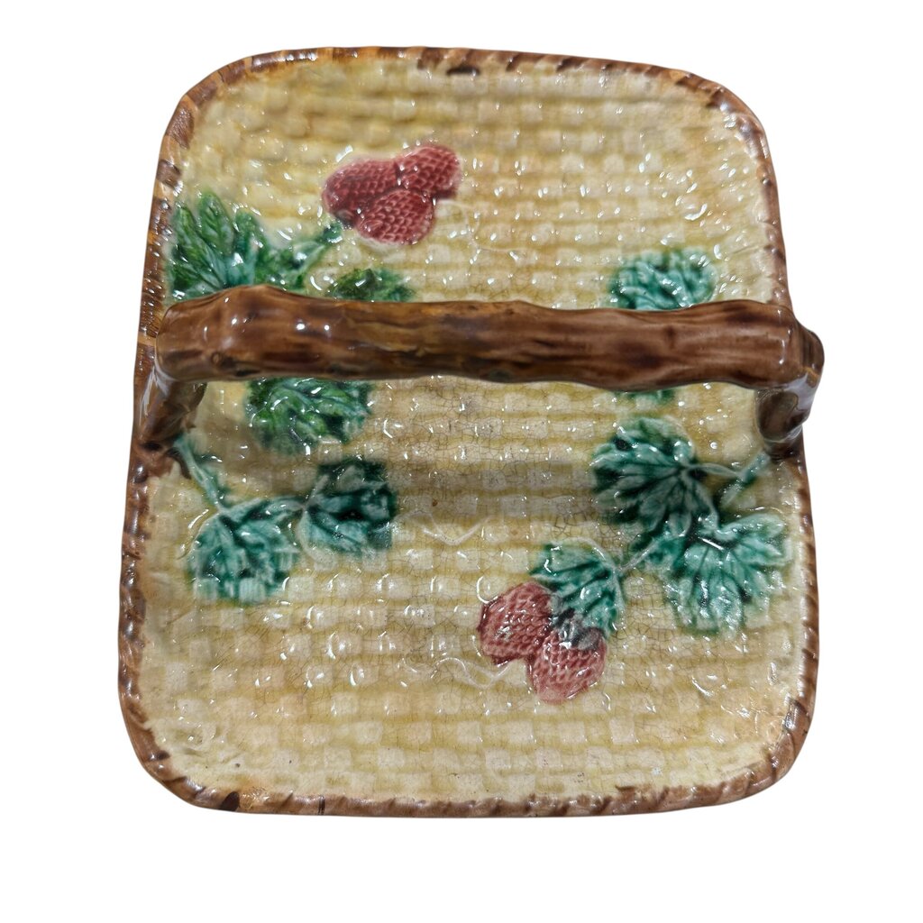 Antique Majolica Basketweave Handled Dish