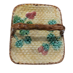Antique Majolica Basketweave Handled Dish