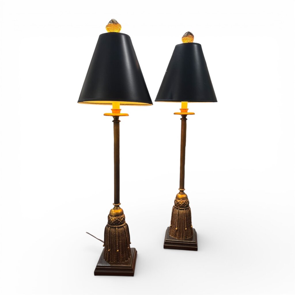 Pair of Hollywood Regency Dorothy Draper Tassel Lamp w/ Original Black Shades 35" tall