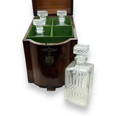 Late 18th Century English Mahogany Knife Cutlery Box w/ Sterling Silver Emblem Converted to 4 Piece Decanter Set (no key) 9.5Lx10x15.5H
