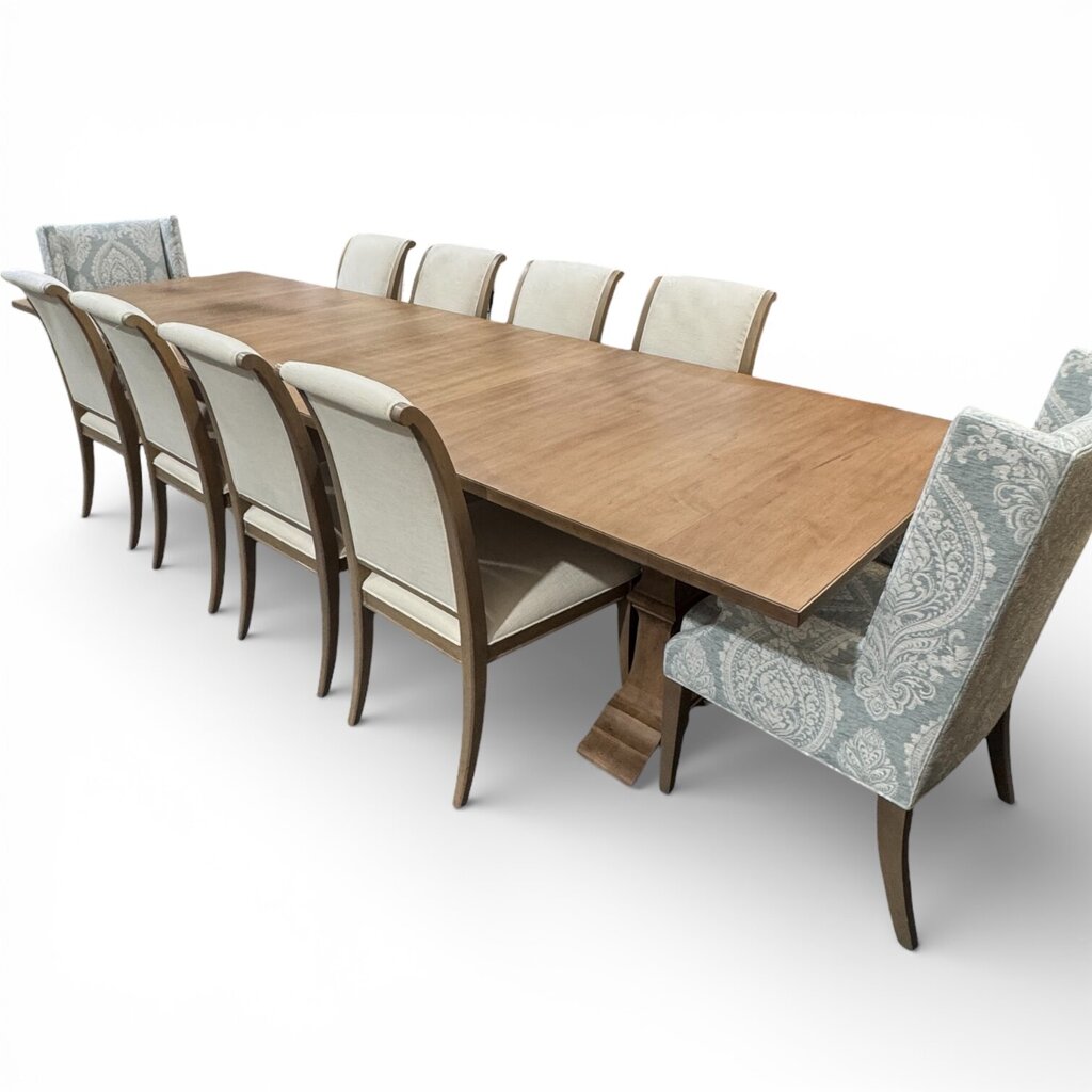 Custom Ordered New Ethan Allen Piermont Maple Dininig Table w/ 12 Upholstered Chairs & 2 Leaves 48"W x 88"-136"L