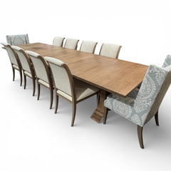 Custom Ordered New Ethan Allen Piermont Maple Dininig Table w/ 12 Upholstered Chairs & 2 Leaves 48"W x 88"-136"L