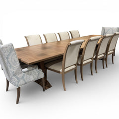 Custom Ordered New Ethan Allen Piermont Maple Dininig Table w/ 12 Upholstered Chairs & 2 Leaves 48"W x 88"-136"L