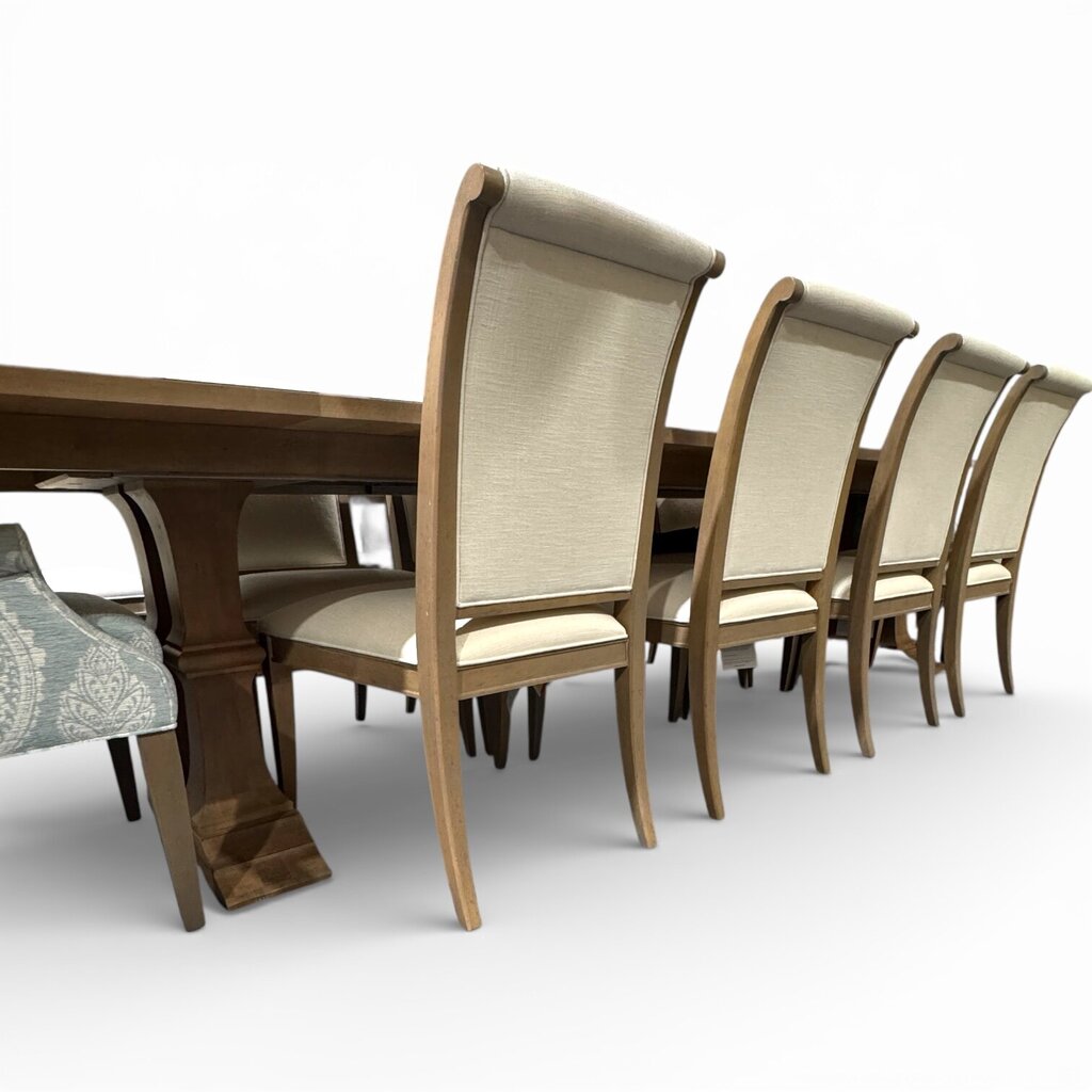 Custom Ordered New Ethan Allen Piermont Maple Dininig Table w/ 12 Upholstered Chairs & 2 Leaves 48"W x 88"-136"L
