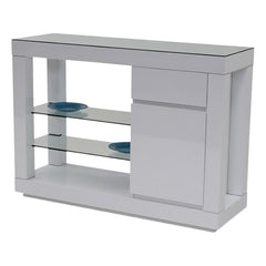 Modern Dry Bar Console w/ Glass Shelves & Top Lacquered in White Finish 59Lx20Wx43H