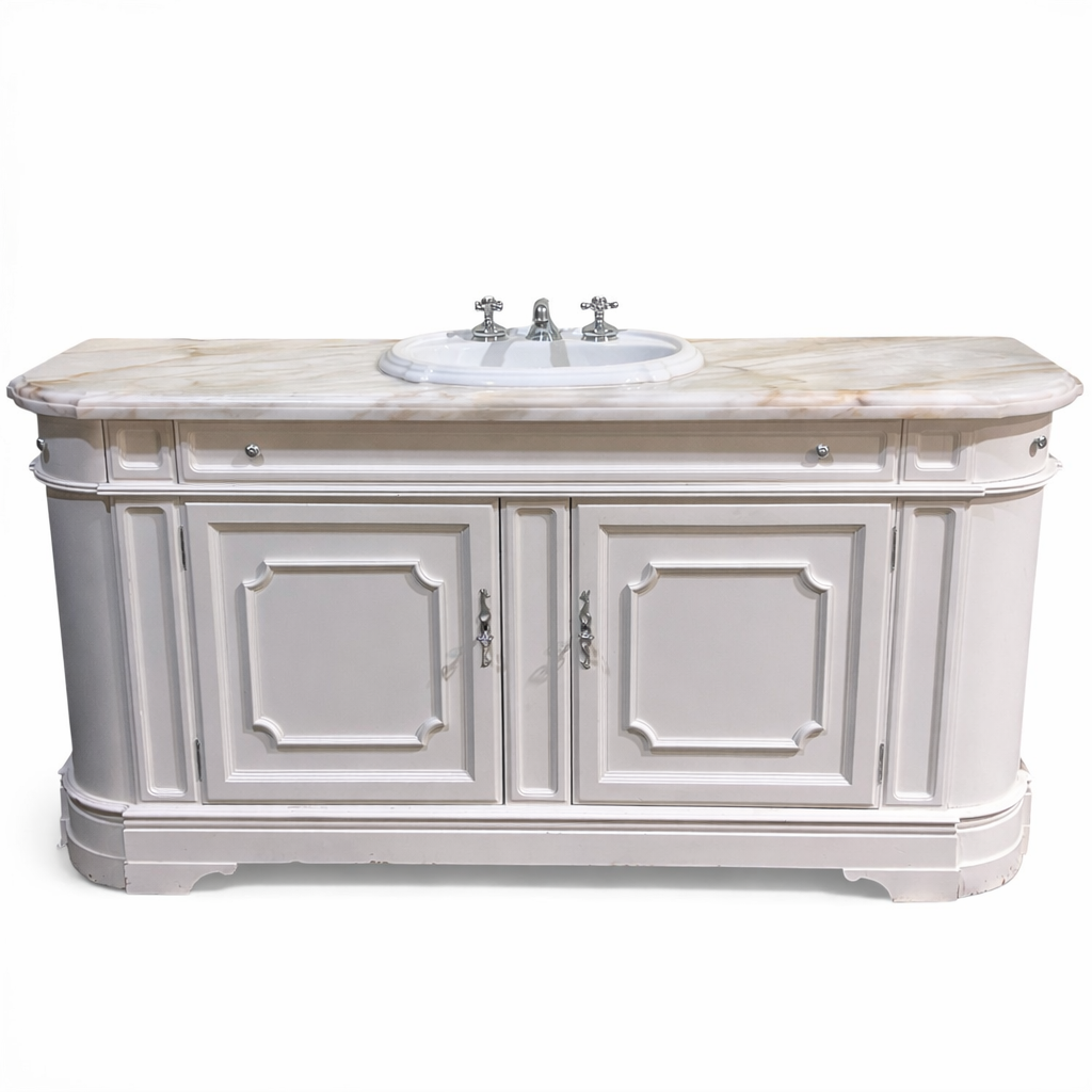 71" White Antique Style Solid Wood Console Converted to Vanity w/ Custom Marble Top/ Sink/ Faucet by Universal Furniture 71Lx23Wx36H