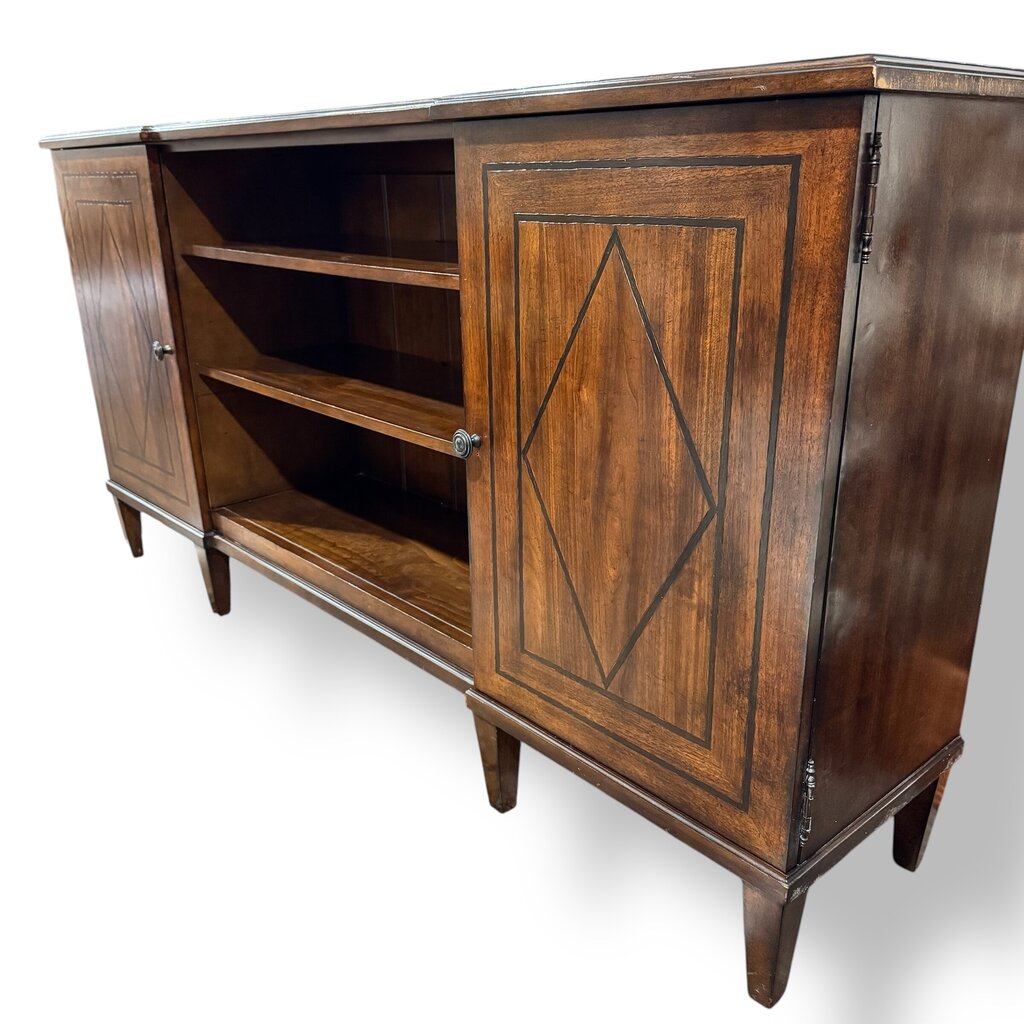 A.R.T. Furniture Chateaux Collection Entertainment Console in Rustic Walnut Finish w/ Diamond Inlay Doors. 2 Side Cabinets w// Adjustable Shelves & Open Center w/ 2 Adjustable Shelves 76Lx18Wx39H