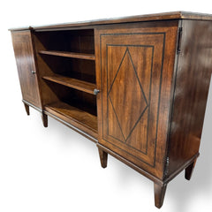 A.R.T. Furniture Chateaux Collection Entertainment Console in Rustic Walnut Finish w/ Diamond Inlay Doors. 2 Side Cabinets w// Adjustable Shelves & Open Center w/ 2 Adjustable Shelves 76Lx18Wx39H