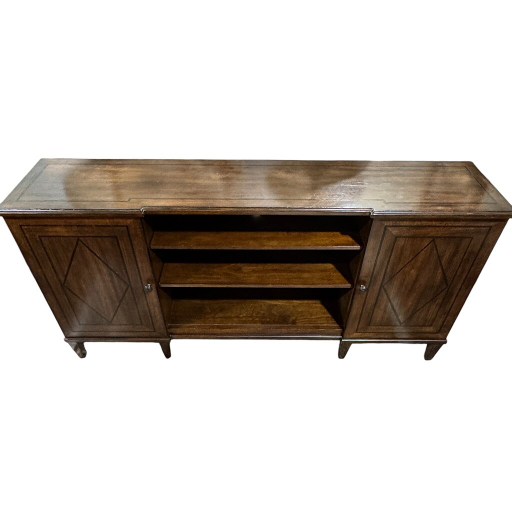 A.R.T. Furniture Chateaux Collection Entertainment Console in Rustic Walnut Finish w/ Diamond Inlay Doors. 2 Side Cabinets w// Adjustable Shelves & Open Center w/ 2 Adjustable Shelves 76Lx18Wx39H