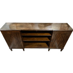 A.R.T. Furniture Chateaux Collection Entertainment Console in Rustic Walnut Finish w/ Diamond Inlay Doors. 2 Side Cabinets w// Adjustable Shelves & Open Center w/ 2 Adjustable Shelves 76Lx18Wx39H