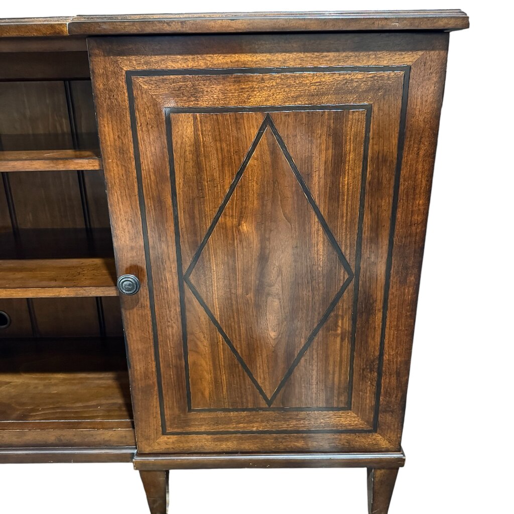 A.R.T. Furniture Chateaux Collection Entertainment Console in Rustic Walnut Finish w/ Diamond Inlay Doors. 2 Side Cabinets w// Adjustable Shelves & Open Center w/ 2 Adjustable Shelves 76Lx18Wx39H