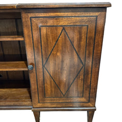 A.R.T. Furniture Chateaux Collection Entertainment Console in Rustic Walnut Finish w/ Diamond Inlay Doors. 2 Side Cabinets w// Adjustable Shelves & Open Center w/ 2 Adjustable Shelves 76Lx18Wx39H