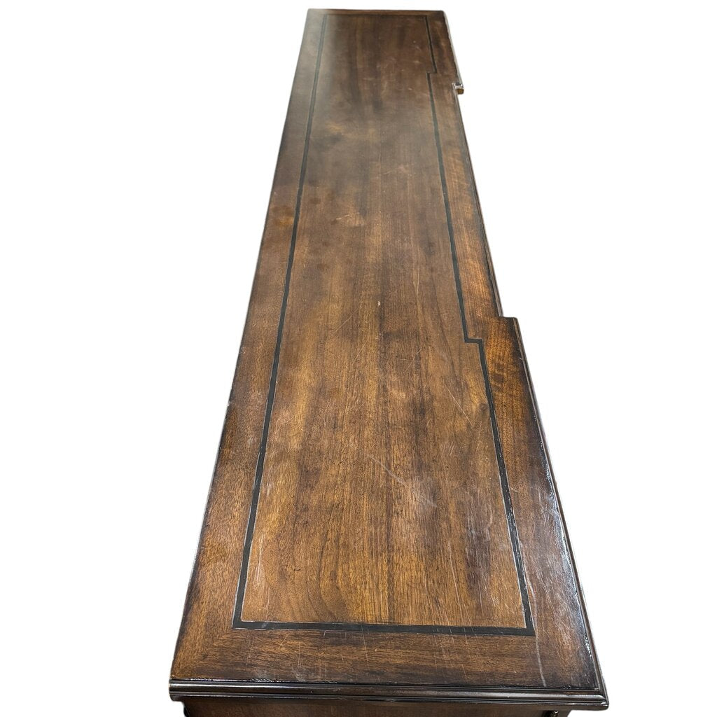 A.R.T. Furniture Chateaux Collection Entertainment Console in Rustic Walnut Finish w/ Diamond Inlay Doors. 2 Side Cabinets w// Adjustable Shelves & Open Center w/ 2 Adjustable Shelves 76Lx18Wx39H