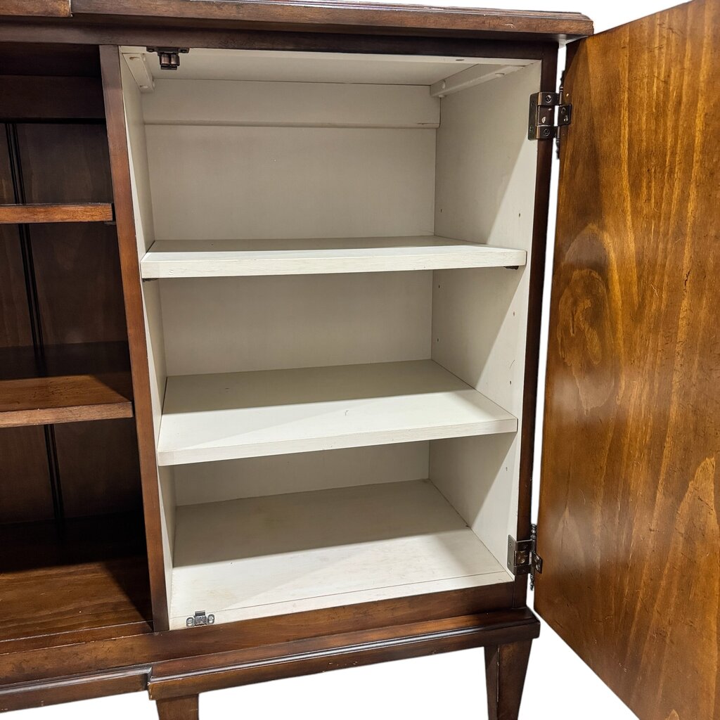 A.R.T. Furniture Chateaux Collection Entertainment Console in Rustic Walnut Finish w/ Diamond Inlay Doors. 2 Side Cabinets w// Adjustable Shelves & Open Center w/ 2 Adjustable Shelves 76Lx18Wx39H