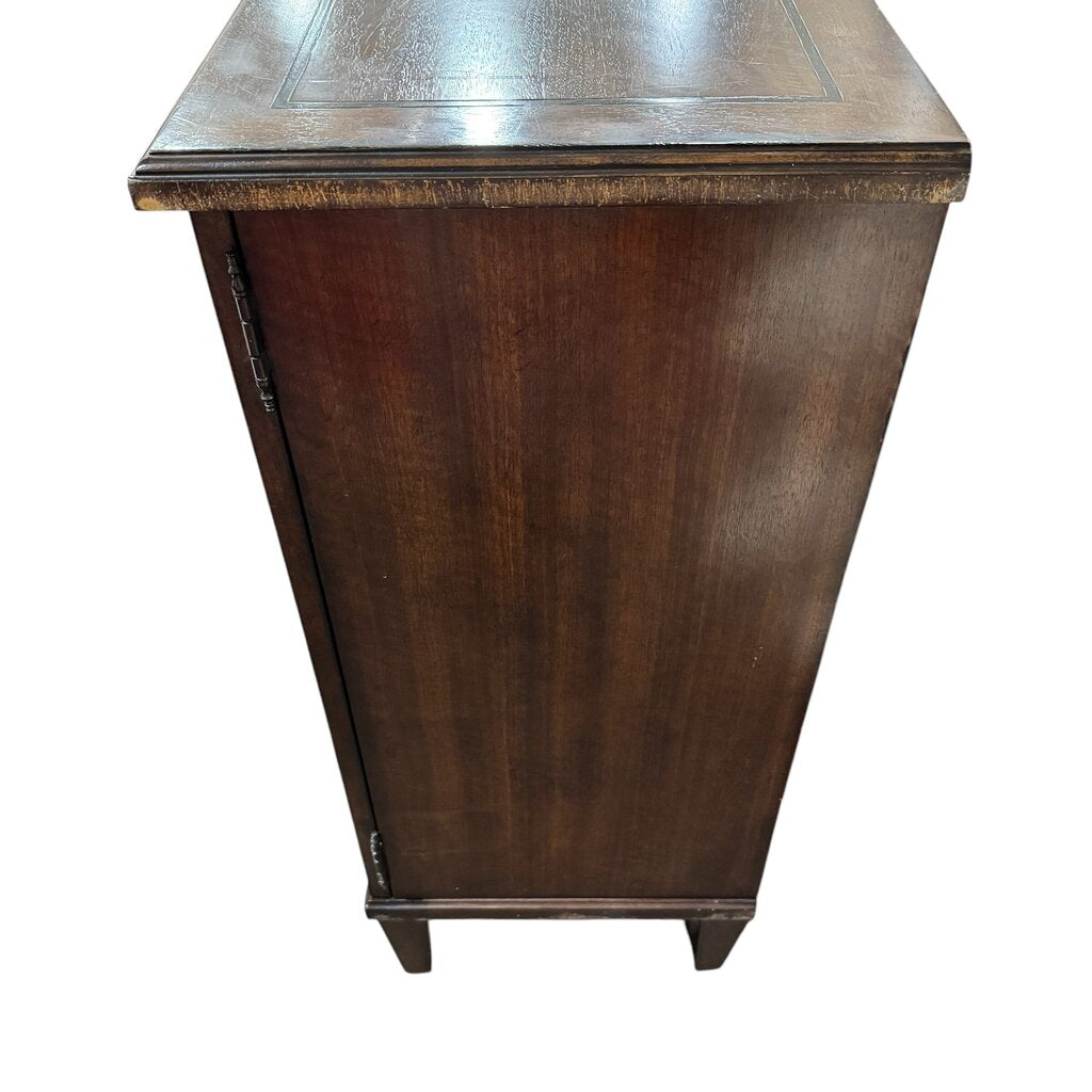 A.R.T. Furniture Chateaux Collection Entertainment Console in Rustic Walnut Finish w/ Diamond Inlay Doors. 2 Side Cabinets w// Adjustable Shelves & Open Center w/ 2 Adjustable Shelves 76Lx18Wx39H